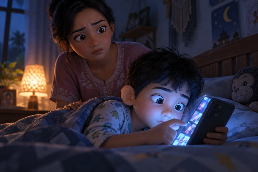 Ibu terlihat cemas melihat anaknya scroll HP di tempat tidur malam hari