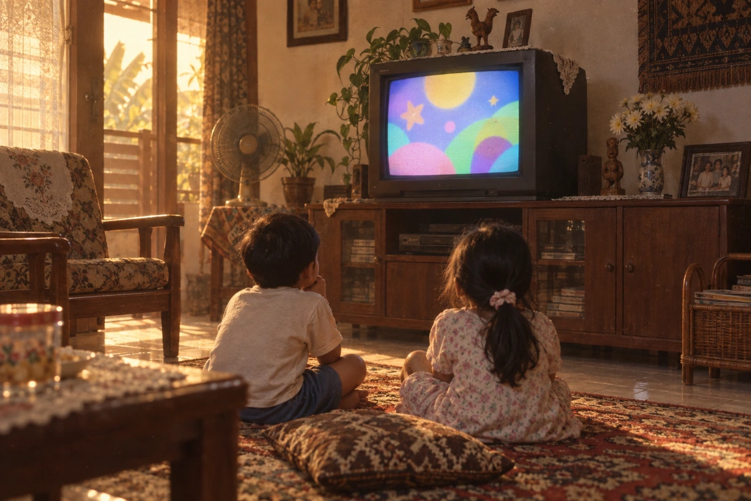 Dua anak duduk di karpet menonton TV tabung di ruang keluarga tempo dulu